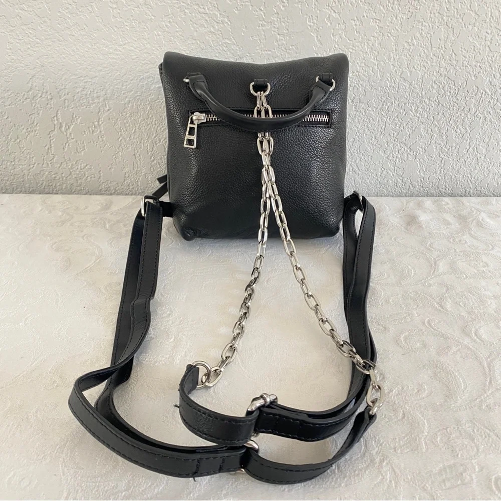 Black Leather Mini Backpack with Silver Details